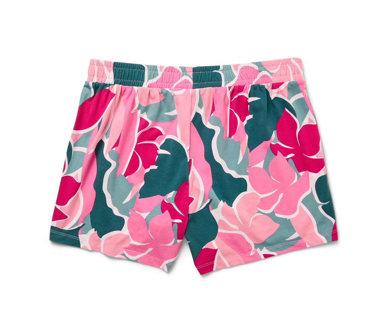 Nahaufnahme von 2 Shorts mit Blumenmuster in Pink, Grün und Weiß vor weißem Hintergrund.