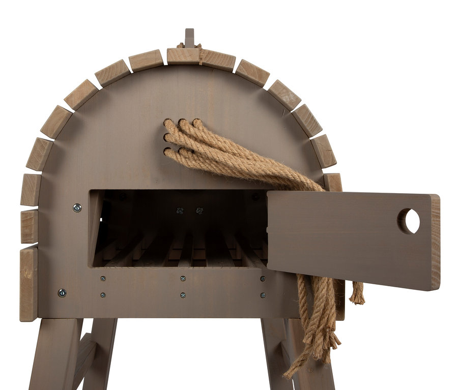 Detailaufnahme eines grauen small foot Holzpferds mit offener Tür.