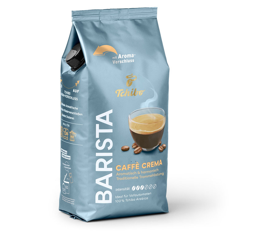Eine Packung Tchibo Barista Caffè Crema Kaffee mit einer Abbildung einer Tasse Kaffee und Kaffeebohnen.