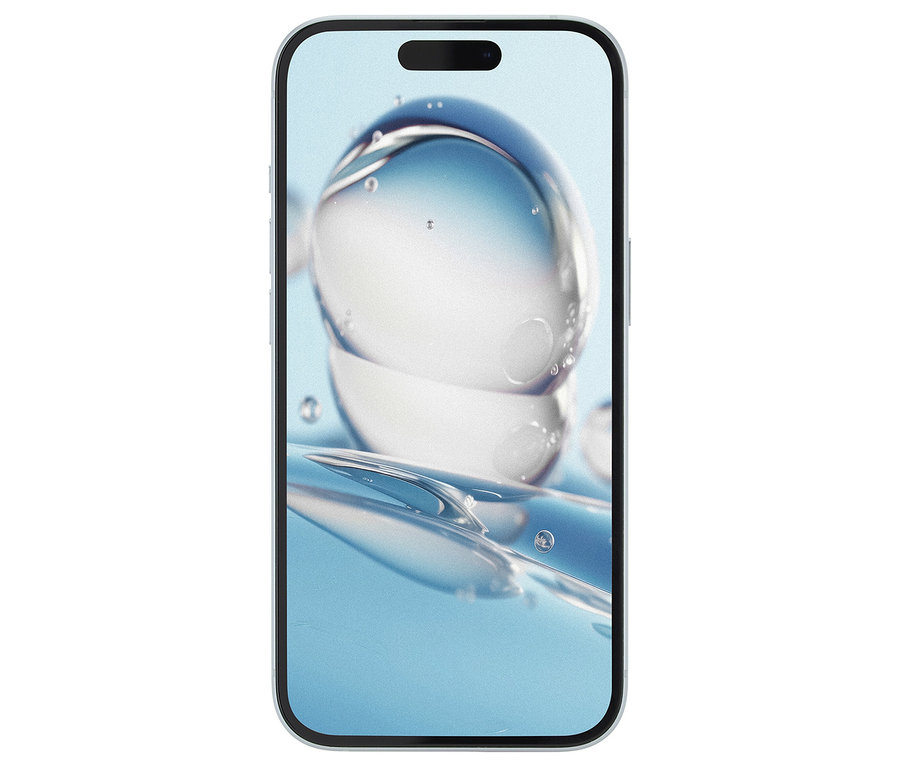 Nahaufnahme des Displays eines hellblauen Apple iPhone 15 128GB mit einem abstrakten Wassermotiv.