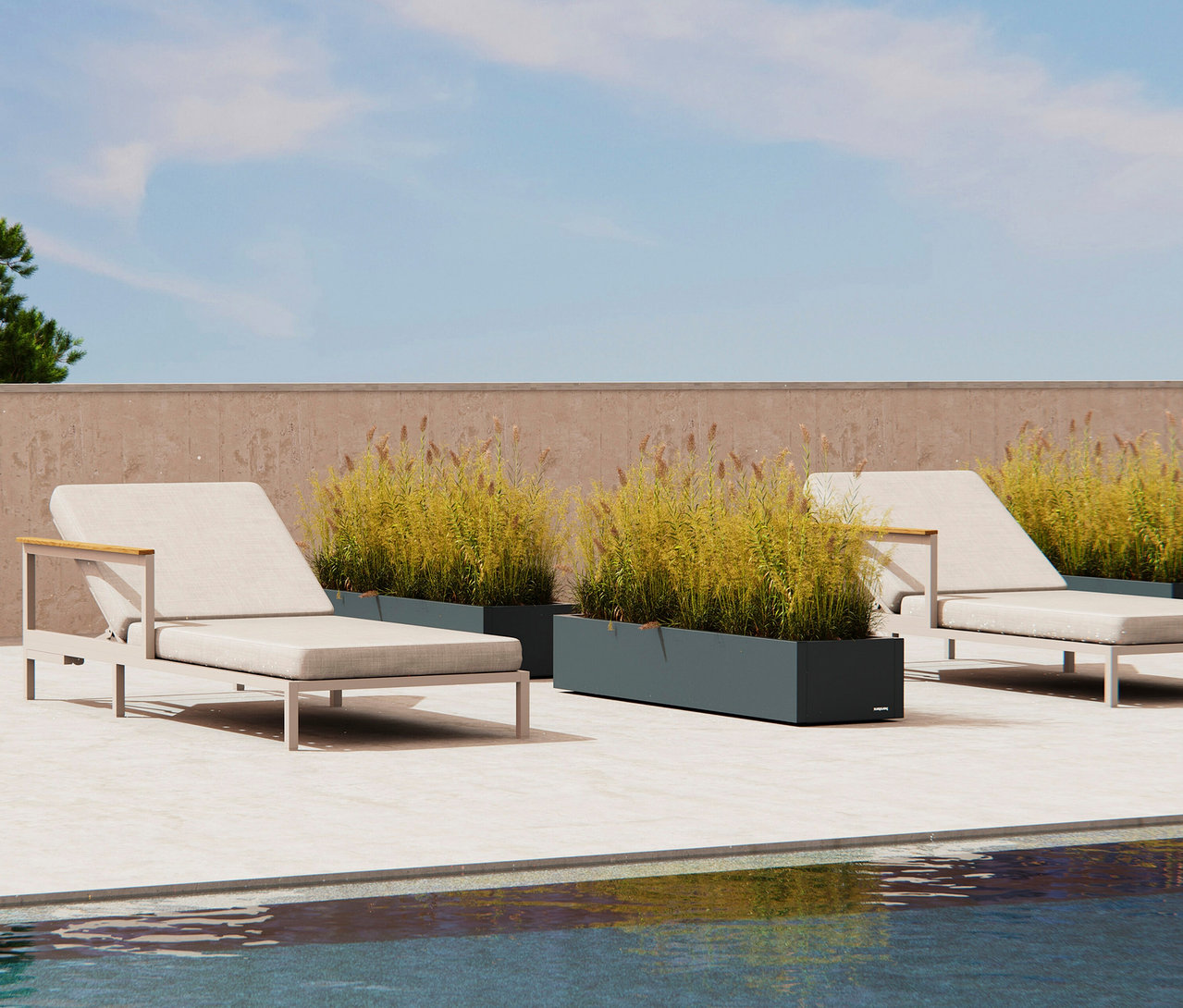 Zwei Liegestühle stehen auf einer Terrasse neben einem Pool, getrennt durch längliche Pflanzgefäße mit hohem Gras.