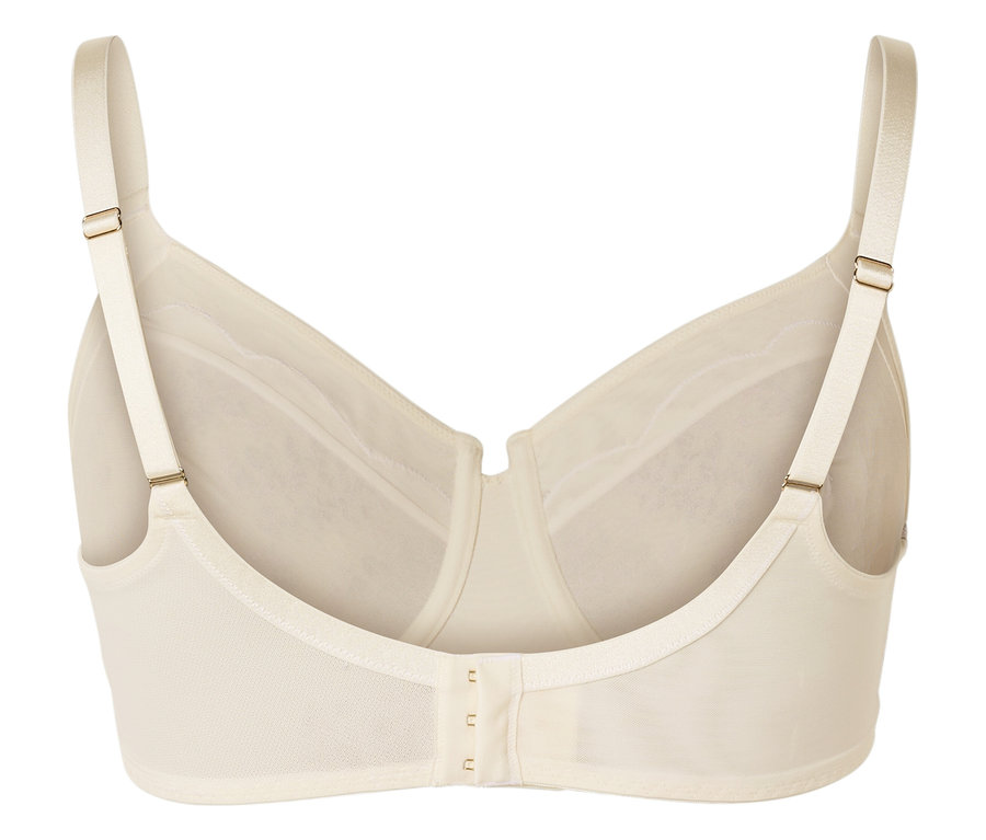 Nahaufnahme der Rückseite eines cremefarbenen BHs mit verstellbaren Trägern und Haken- und Ösenverschluss.