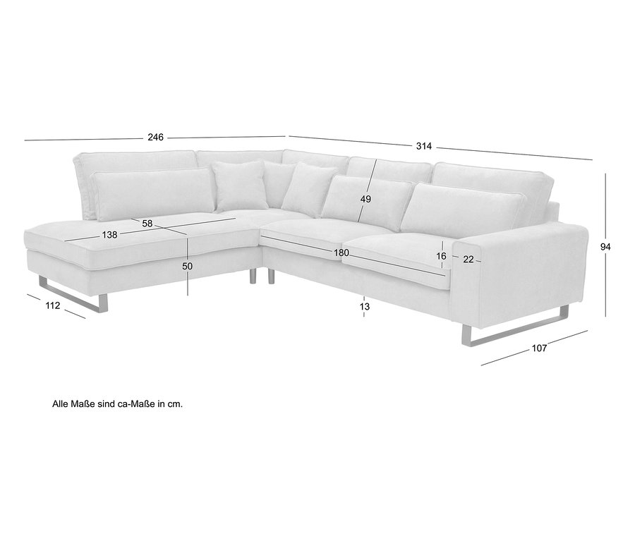 Draufsicht auf ein cremefarbenes Ecksofa mit Maßen in Zentimetern.