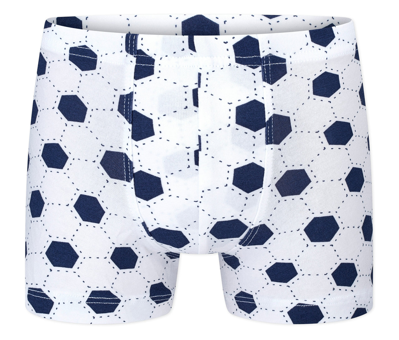 Nahaufnahme von Boxershorts mit Fußballmuster.