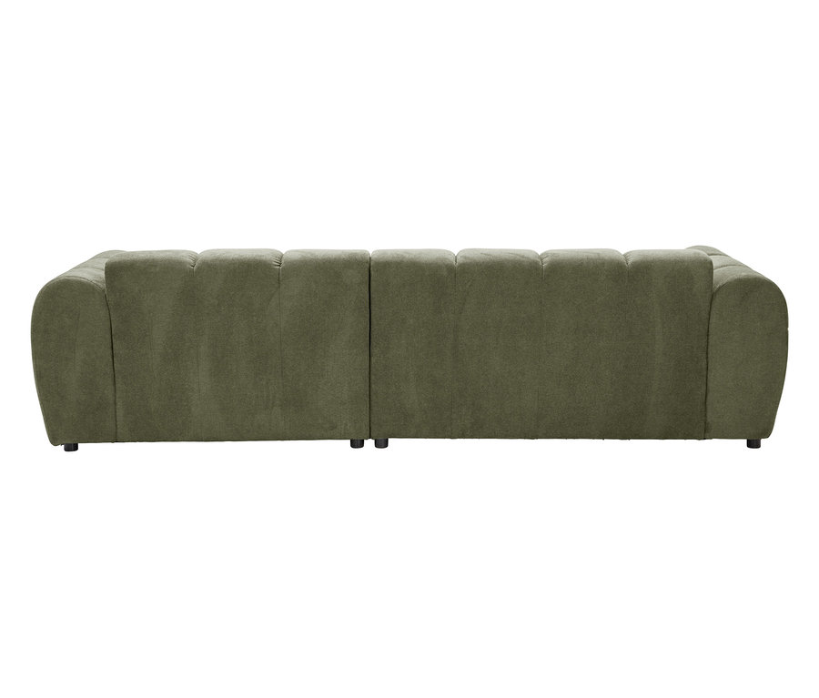 Rückansicht eines olivgrünen Sofas mit abgerundeten Armlehnen.