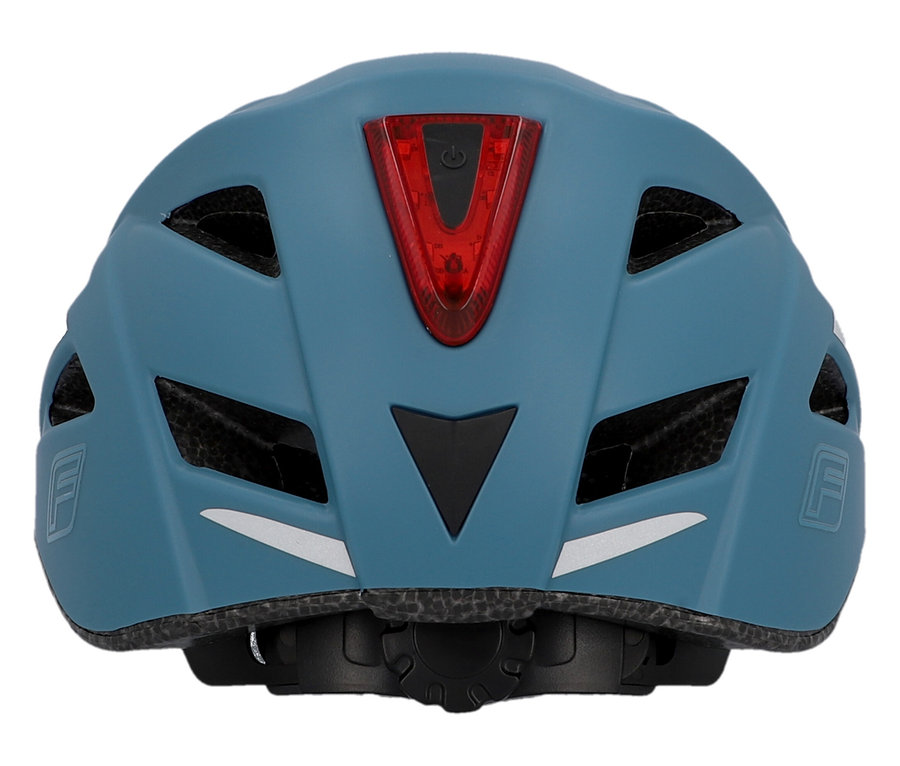 Rückansicht eines blauen FISCHER Fahrradhelm Urban PLUS Chicago mit rotem Rücklicht und Reflektoren.