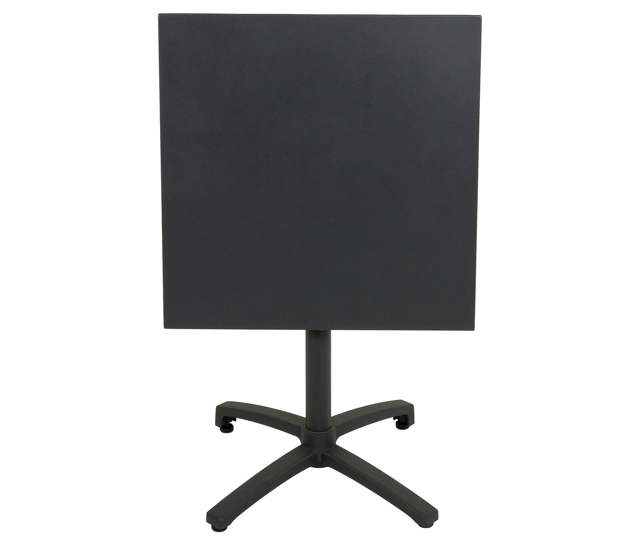 Schwarzer quadratischer Tisch mit vierbeiniger Basis vor weißem Hintergrund.