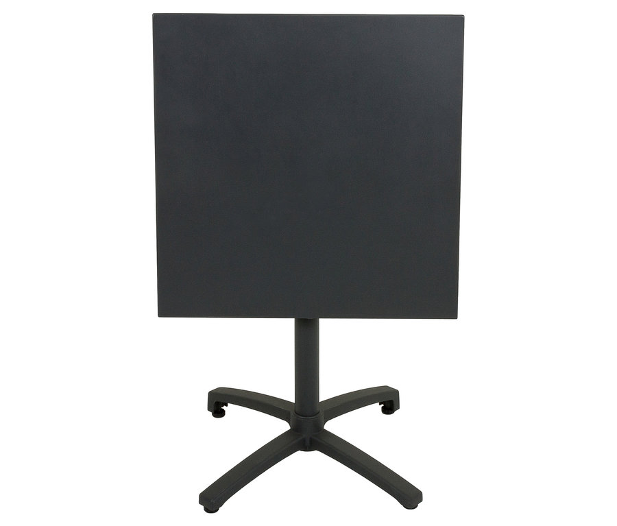 Schwarzer quadratischer Tisch mit vierbeiniger Basis vor weißem Hintergrund.