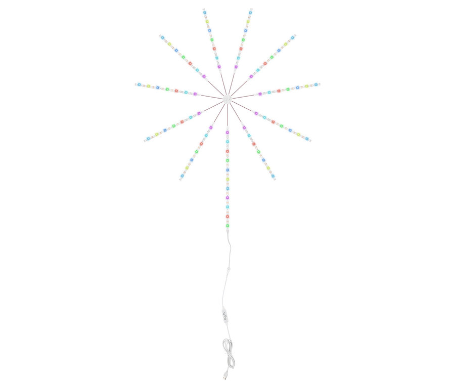 Eine Feuerwerksleuchte mit bunten Lichtern ist an einem weißen Kabel befestigt.