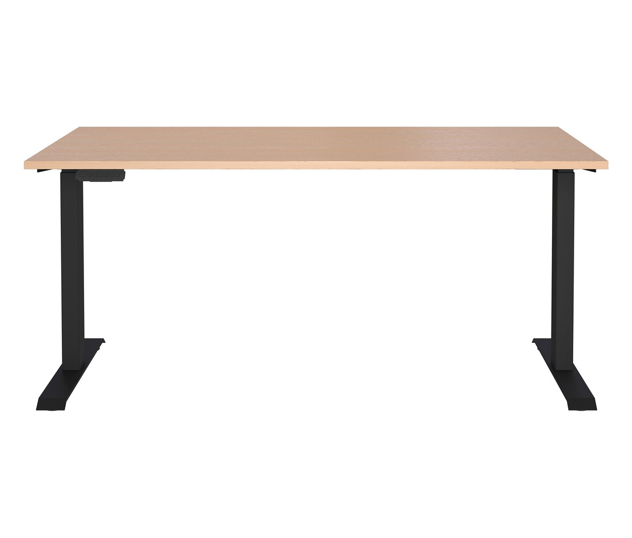 Freistehender höhenverstellbarer Schreibtisch »Oviedo« mit hellbrauner Tischplatte und schwarzem Gestell.