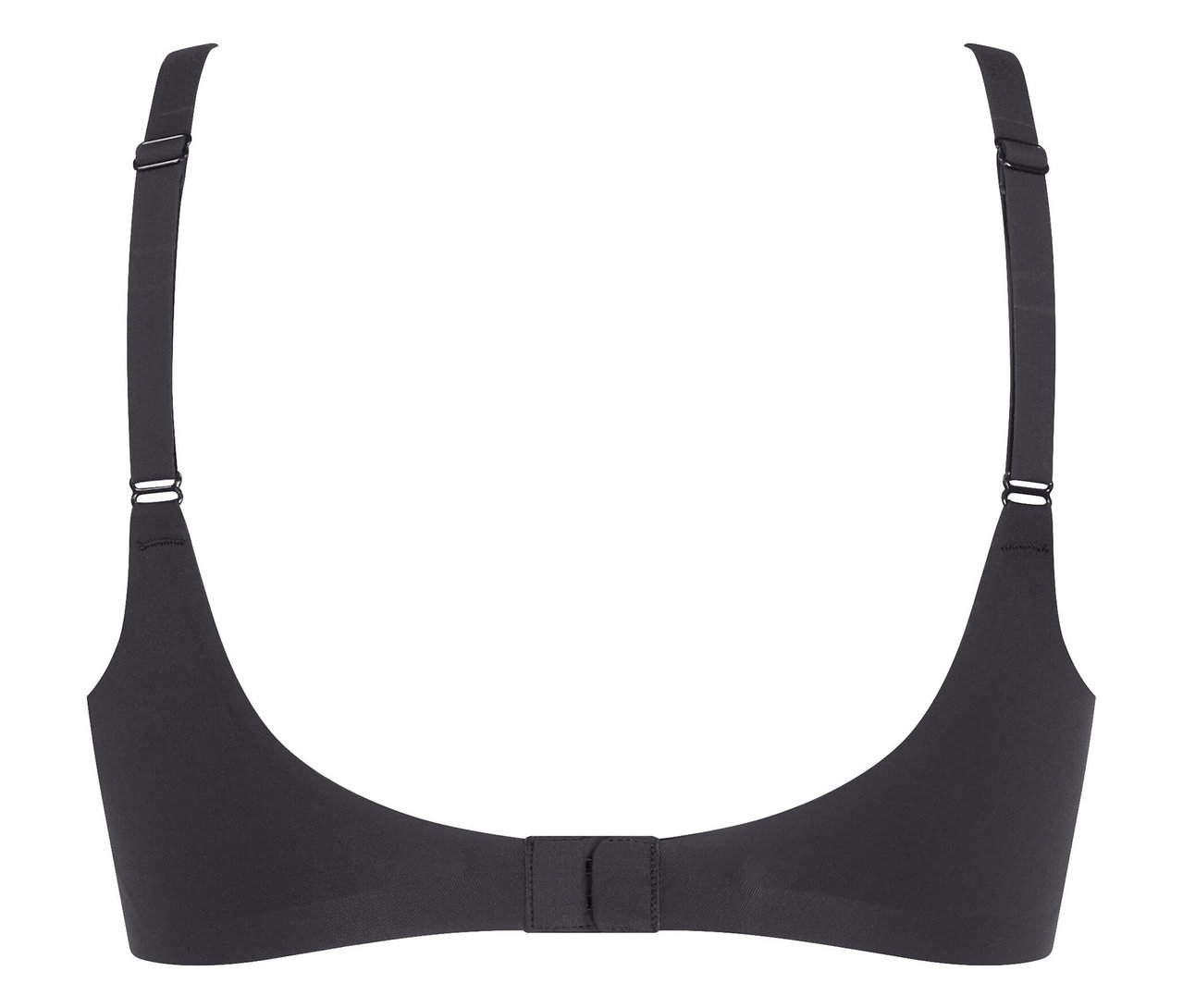 Nahaufnahme eines schwarzen BHs mit verstellbaren Trägern und Hakenverschluss.