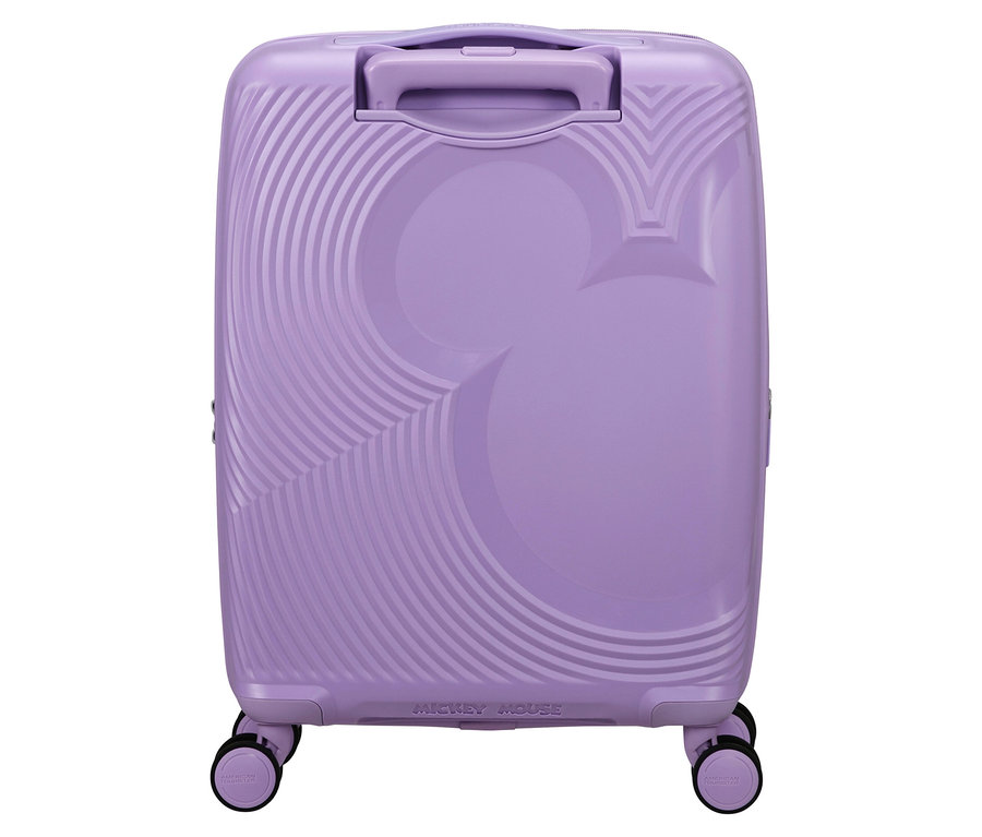 Nahaufnahme eines lavendelfarbenen American Tourister Mickey Magic Trolley.