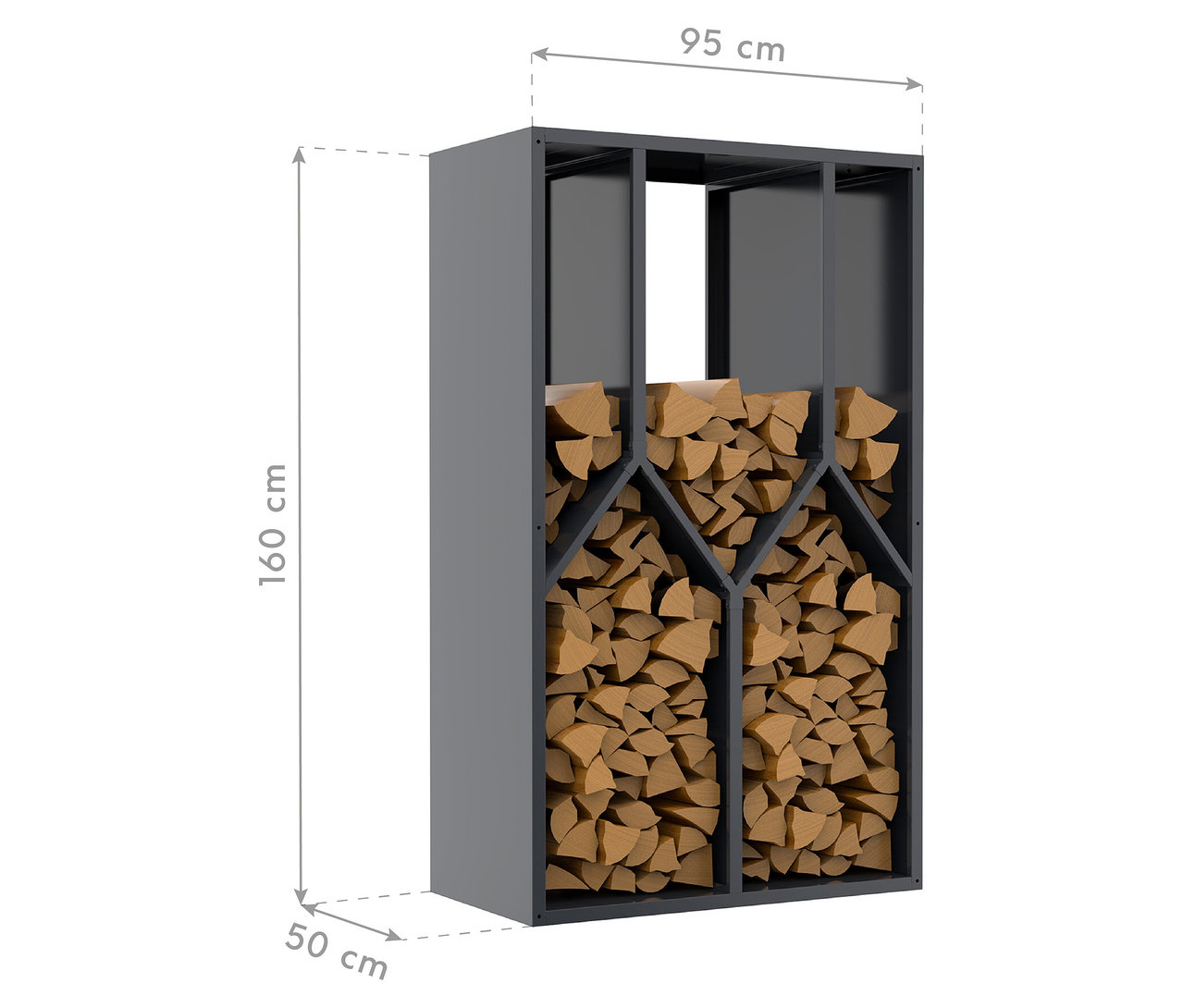 Ein graues Holzregal ist mit Holzscheiten gefüllt. Die Maße des Regals sind 160 cm Höhe, 95 cm Breite und 50 cm Tiefe.