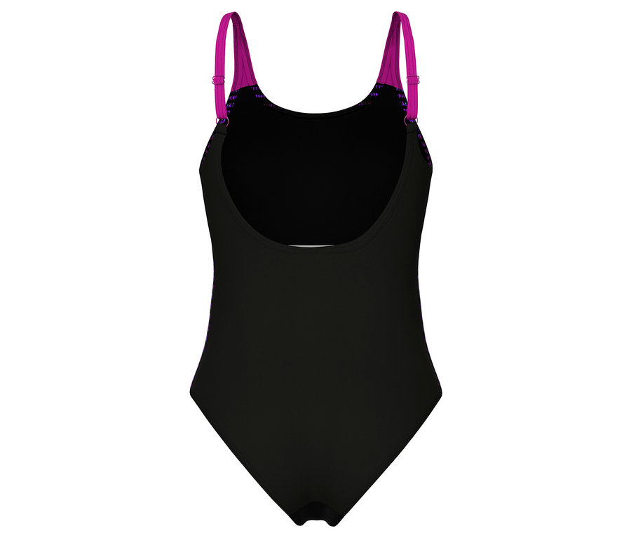 Schwarzer arena Feel Damen Badeanzug Side Placement U Back Bustier mit fuchsiafarbenen Trägern und U-förmigem Rückenausschnitt, mit mehrfarbigem Muster an den Seiten und Trägern.