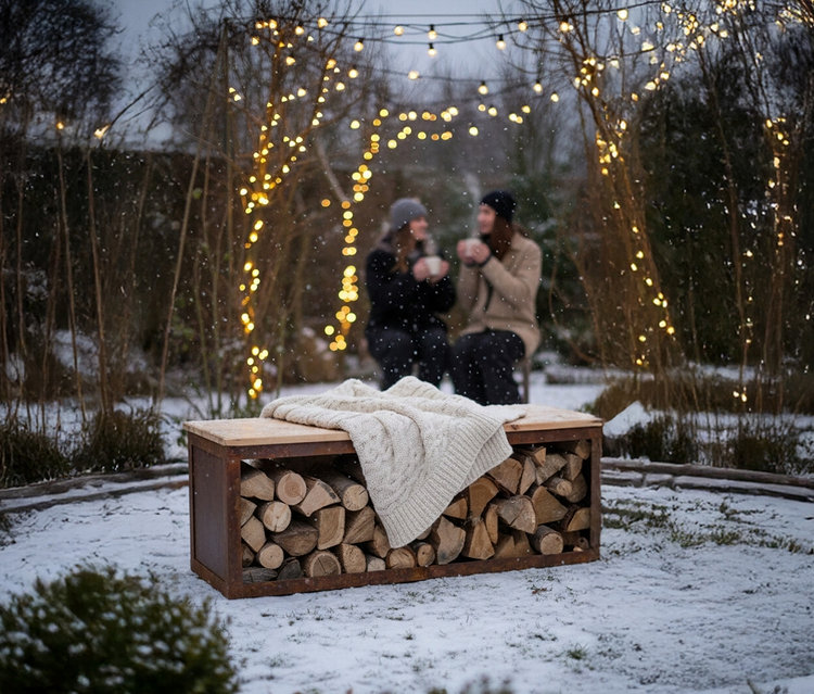 Eine Bank inkl. Holzlager »TYR«, 117 cm steht im Schnee, im Hintergrund sitzen zwei Personen unter einer Lichterkette.