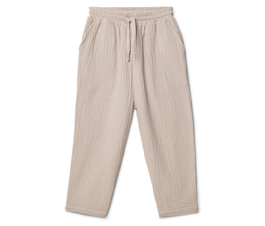 Beige Stoffhose mit Kordelzug auf weißem Hintergrund.
