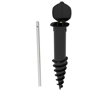 Schwarzer Erdanker mit geöffnetem Deckel und silberner Stange daneben.