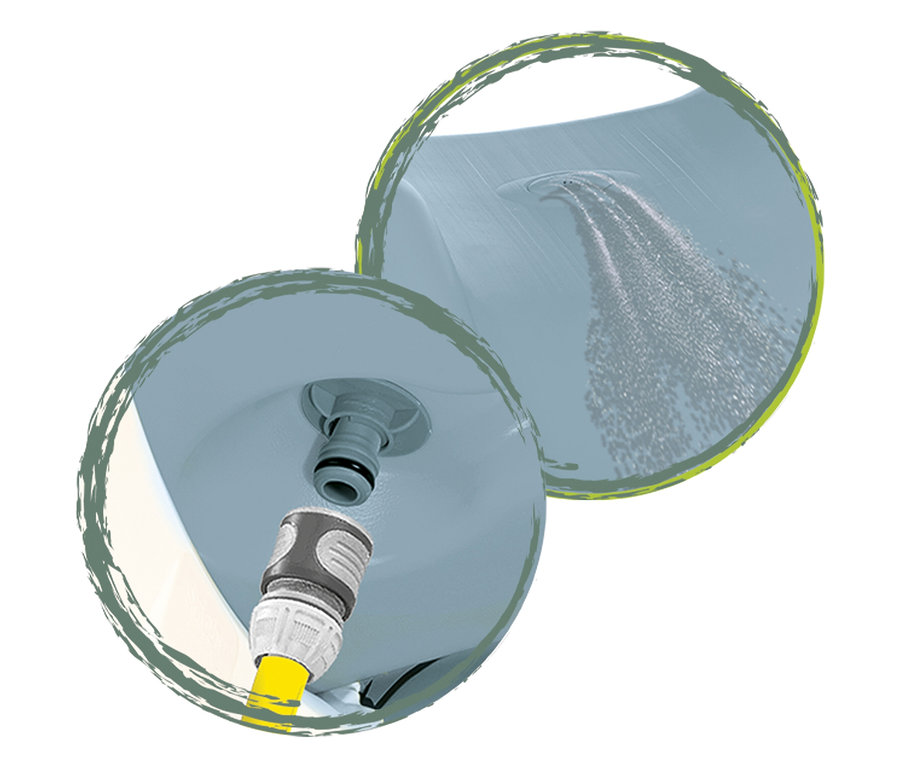 Nahaufnahme des Wasseranschlusses der Smoby Life Rutsche »GM«, mit gelbem Schlauch und Wasserstrahl.