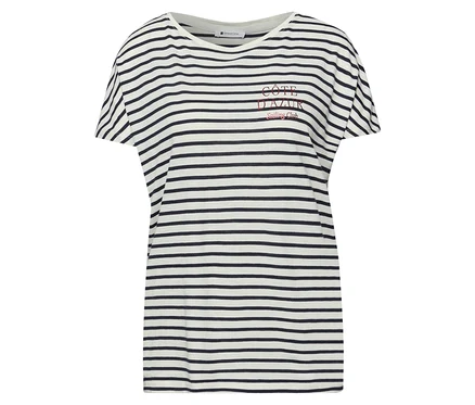 Street One T-Shirt in Navy-Weiß mit horizontalen Streifen und roter Stickerei „CÔTE D'AZUR Sailing Club“.