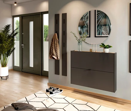 Eingangsbereich mit Schuhschrank, Spiegel und Garderobe an der Wand. Eine Zimmerpflanze steht neben der Tür.