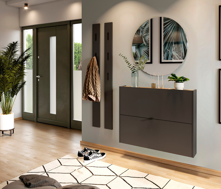 Eingangsbereich mit Schuhschrank, Spiegel und Garderobe an der Wand. Eine Zimmerpflanze steht neben der Tür.
