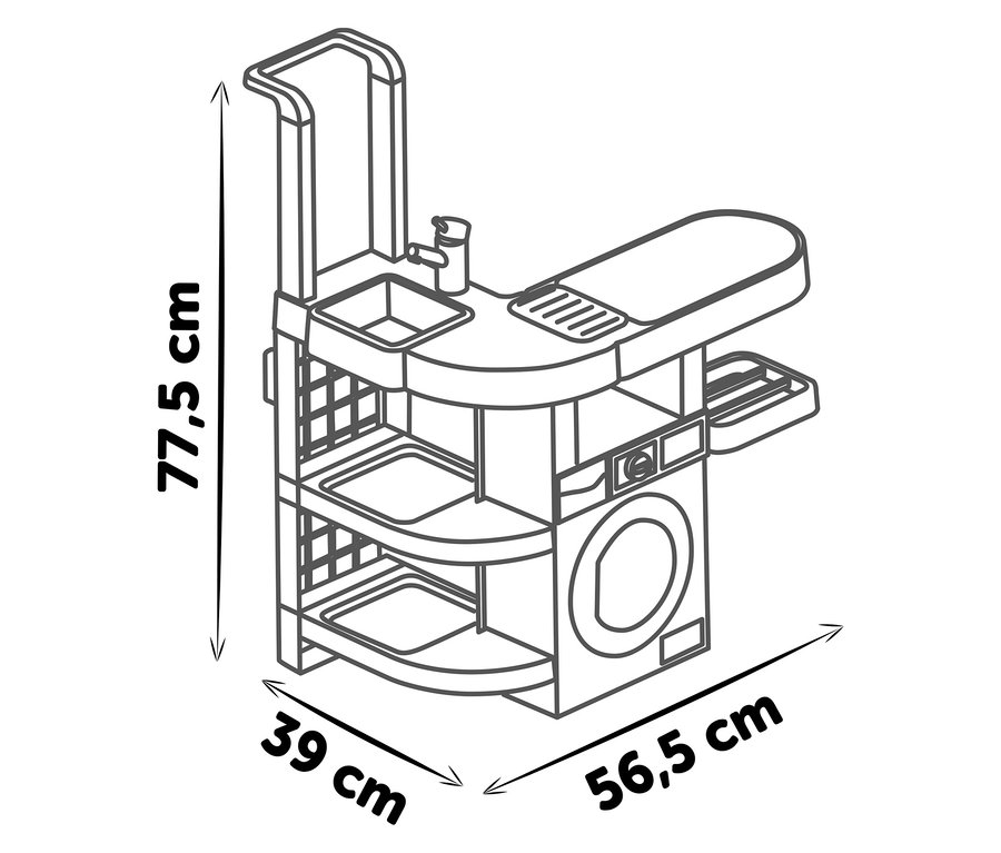 Detaillierte Strichzeichnung eines Spielküchensets mit Waschbecken, Herd, Waschmaschine und Regalen, Maße sind eingezeichnet.