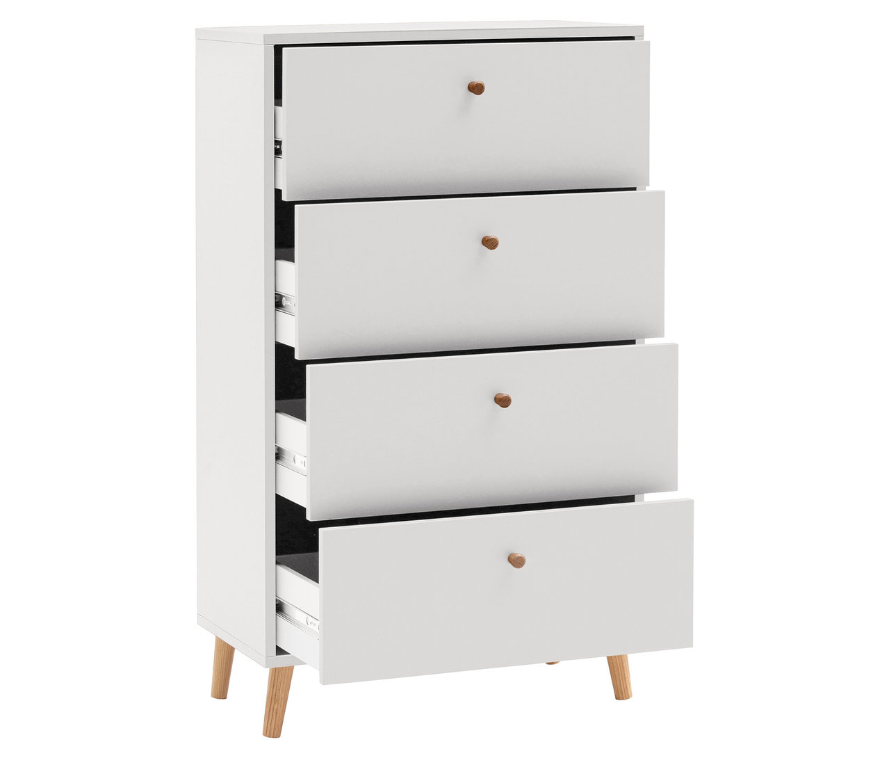 Weißes Sideboard »Bjarne« mit vier Schubladen, von denen drei geöffnet sind.