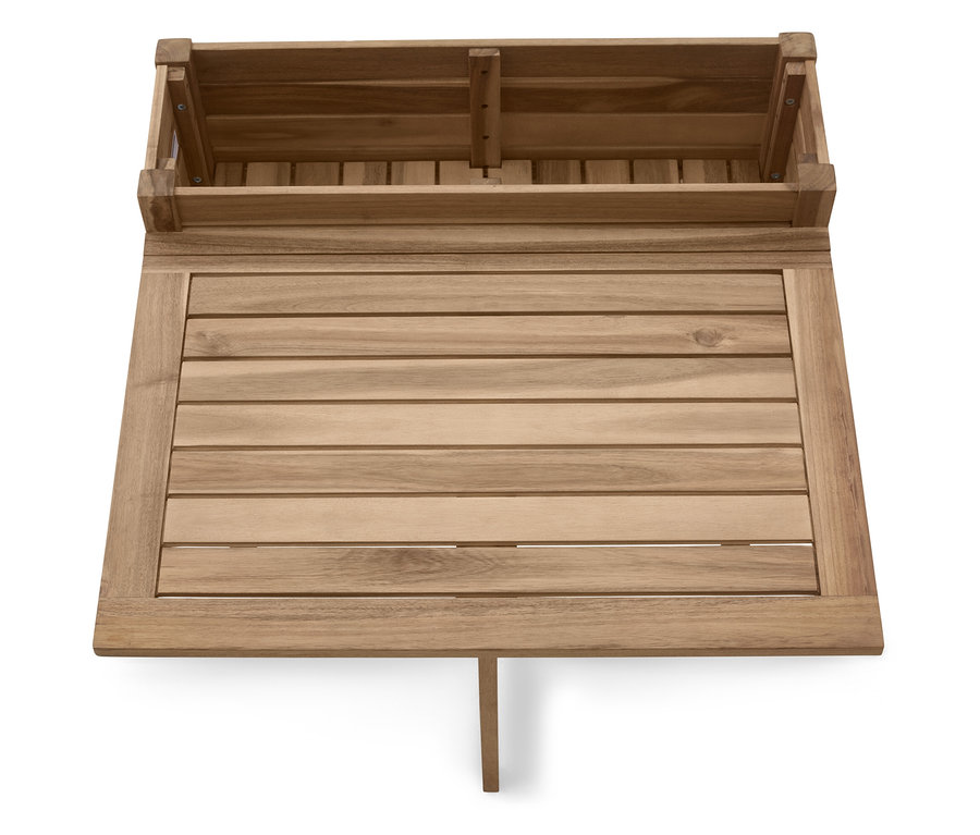 Draufsicht auf einen rechteckigen Holztisch mit einer hölzernen Aufbewahrungsbox auf der Rückseite, der Tisch hat eine einzelne Stütze.