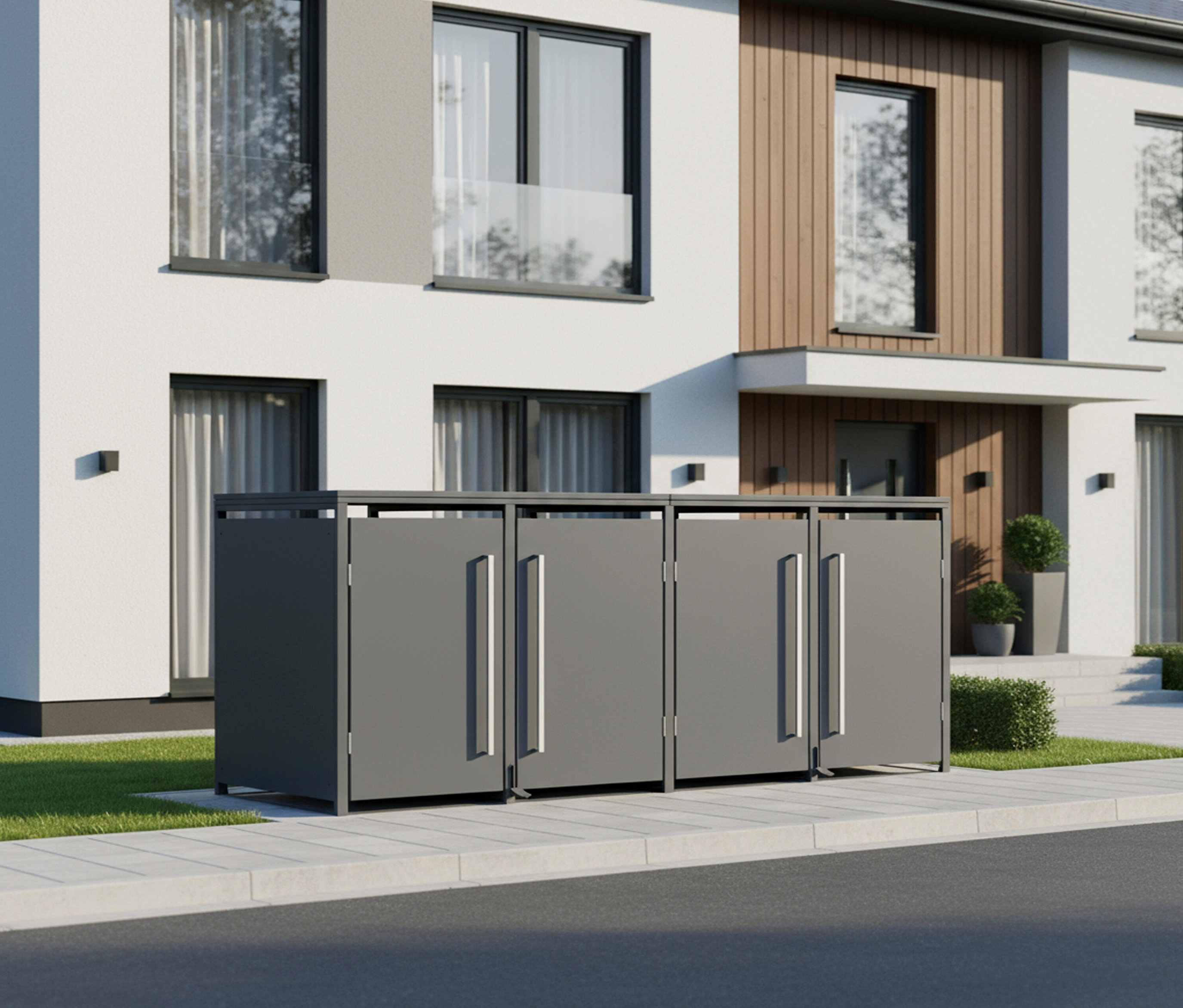 Drei graue Mülltonnenboxen stehen vor einem modernen Haus.