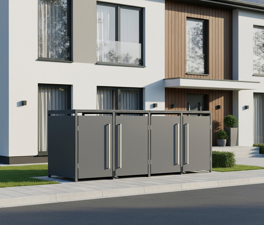 Drei graue Mülltonnenboxen stehen vor einem modernen Haus.