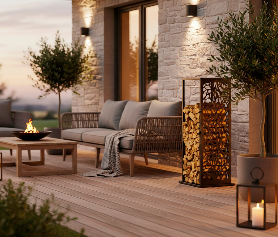 Terrasse mit Rattan-Sofa, Feuerstelle, Holzscheitregal und Laterne mit Kerze.