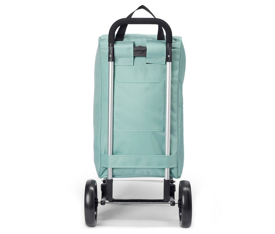 Hellblaue Einkaufstrolley-Tasche mit schwarzen Rädern und Griff.