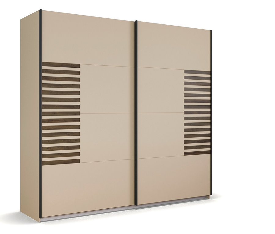 Beiger Kleiderschrank mit Schiebetüren und horizontalen Holzstreifen an den Seiten.