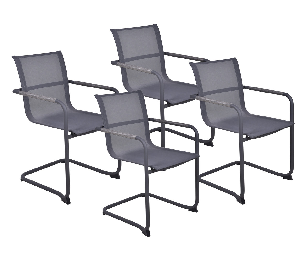 Vier graue »Kendra« Freischwinger mit Armlehnen stehen aufgereiht vor einem weißen Hintergrund.