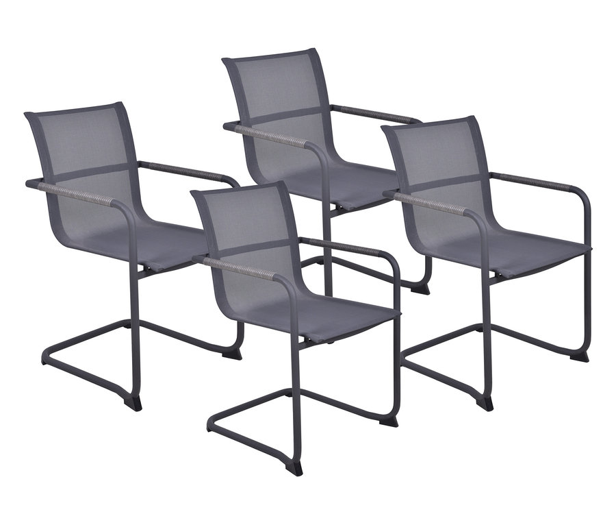 Vier graue »Kendra« Freischwinger mit Armlehnen stehen aufgereiht vor einem weißen Hintergrund.