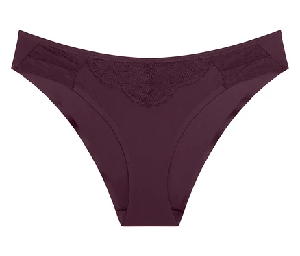 Burgundfarbene Damen-Slips mit einem muschelförmigen, spitzenähnlichen Muster vorne und transparenten, strukturierten Einsätzen an den Seiten des Bundes.