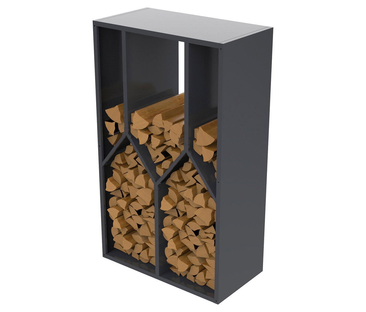 Graues Regal gefüllt mit Holzscheiten.