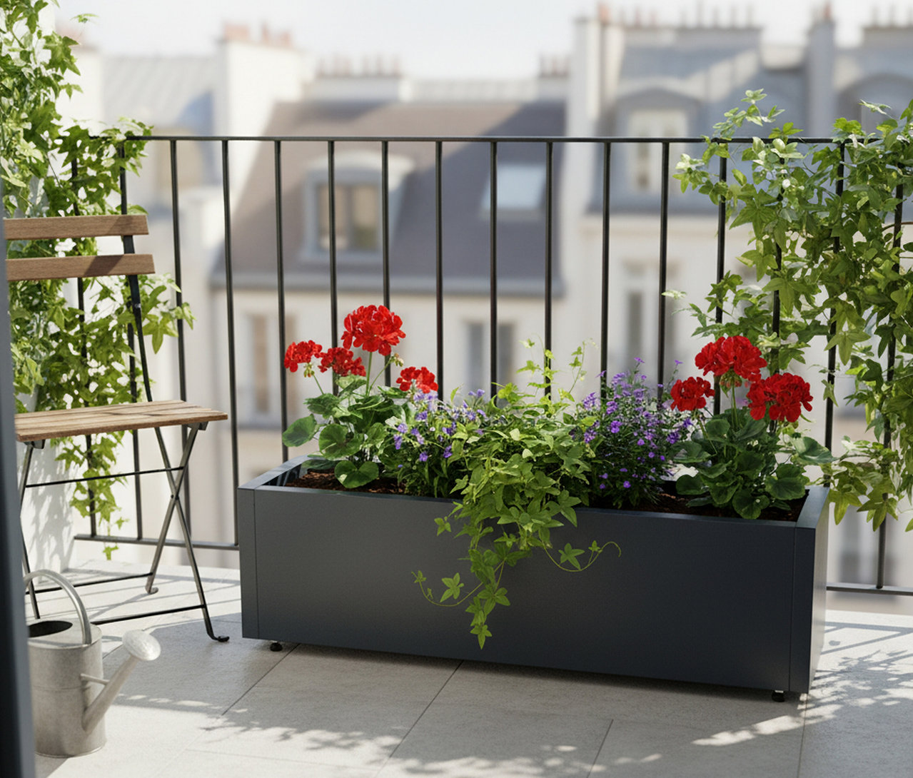 Blumenkasten mit roten und lila Blumen auf einem Balkon mit einem Stuhl und einer Gießkanne.