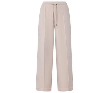 Beige, weite Hose mit Kordelzug.