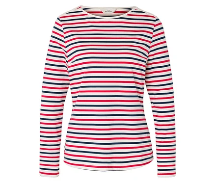 Langarmshirt mit roten und marineblauen Streifen auf weißem Hintergrund.