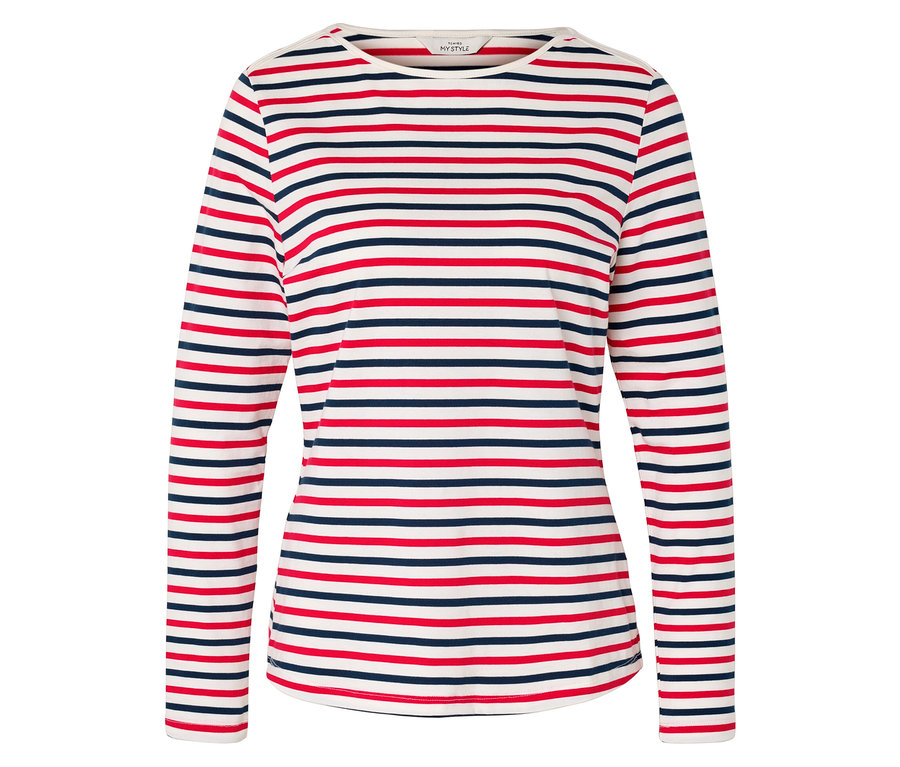 Langarmshirt mit roten und marineblauen Streifen auf weißem Hintergrund.