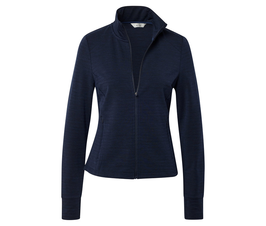 Dunkelblaue Funktionsjacke mit Merinowolle, Reißverschluss, Stehkragen und langen Ärmeln.