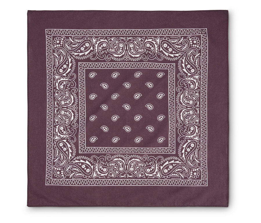 Dunkelrotes Bandana mit weißem Paisleymuster und einem Rand aus kleinen, weißen Kreisen.