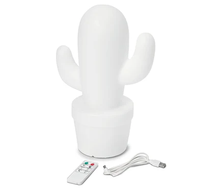 Eine weiße Kaktuslampe steht mit einer Fernbedienung und einem USB-Kabel auf einer weißen Oberfläche.