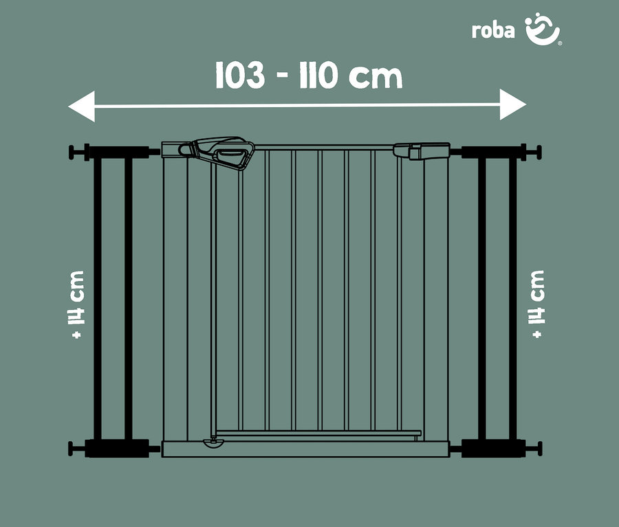 Strichzeichnung eines Baby-Schutzgitters mit vertikalen Stäben und Griff, das eine Breite von 103-110 cm und eine optionale Höhenerweiterung von +14 cm zeigt. Das 'roba'-Logo ist oben rechts.
