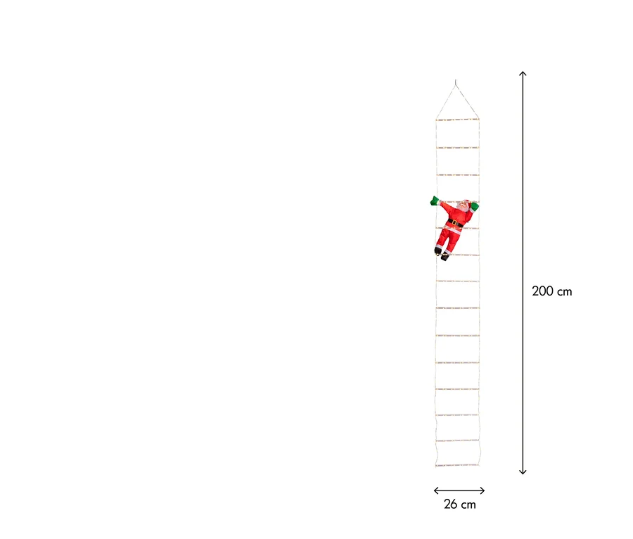 Weihnachtsmann-Figur klettert eine weiße Strickleiter hinauf, mit Maßen 200 cm Höhe und 26 cm Breite.