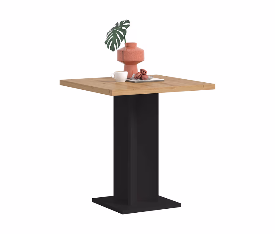 Kleiner, schwarzer xonox Esstisch »Victor« mit heller Holzplatte, darauf eine rosa Vase mit grünem Blatt, eine weiße Tasse und rote Macarons.