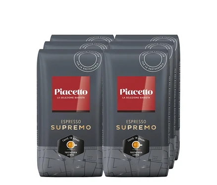 Sechs graue Packungen Piacetto Espresso Supremo - 6x 1 kg Ganze Bohne.