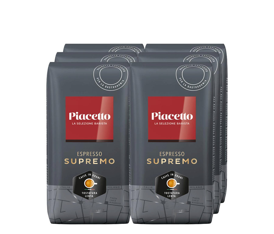 Sechs graue Packungen Piacetto Espresso Supremo - 6x 1 kg Ganze Bohne.