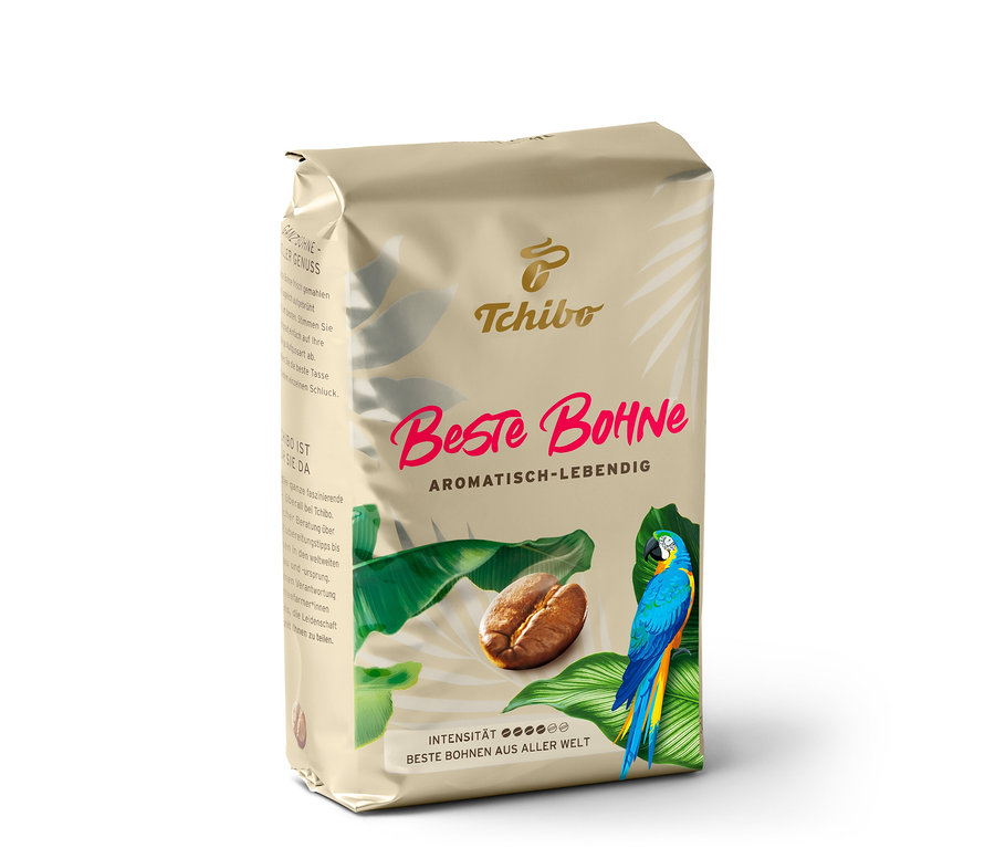 Eine Packung Beste Bohne von Tchibo. Auf der Packung sind ein Papagei und eine Kaffeebohne abgebildet.